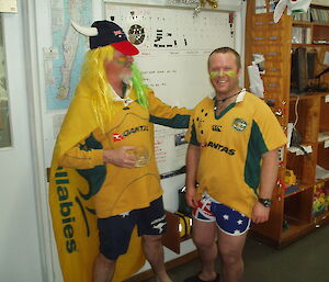 Scotty and Greg dressed up as Australians