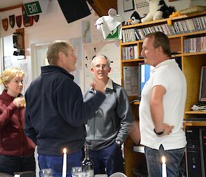 Ingrid, Ivor and Robert talking to a visitor from Katharsis II