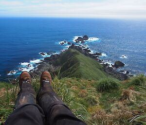 Expeditioner’s feet and legs are seen while sitting down and remotely counting a southern giant petrel colony — the land below is at a point with ocean on three sides