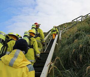 Expeditioners in firefighting gear climb steep steps up a grassy hill
