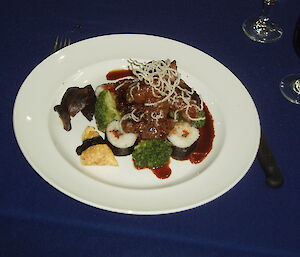 Benny’s chili/teriyaki eye fillet with kaffir lime and wasabi jus