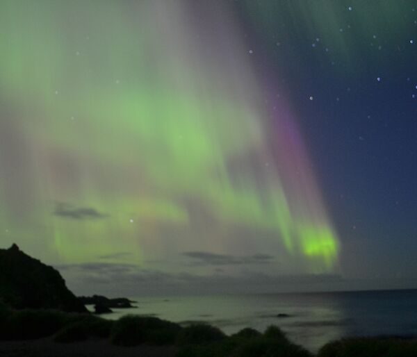 The light of an aurora dances just off shore at Macca