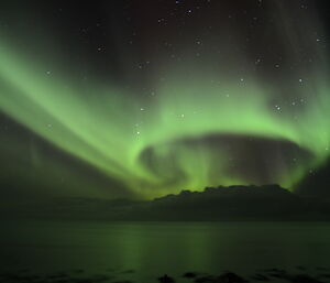 Halo shaped aurora in light green colours over the ocean water with clouds on the horizon