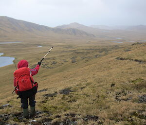 Woman in red jacket pointing into the distance with a walking pole, over a view of grass covered mountains.