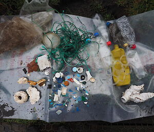 A silver tarp with a range of rubbish collected on the beach including green string and bottle caps