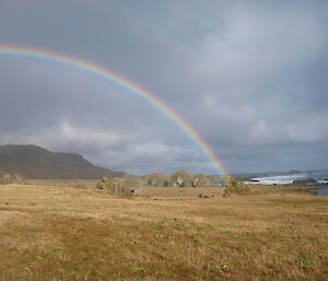 Double rainbow in cloudy sky over a grass field