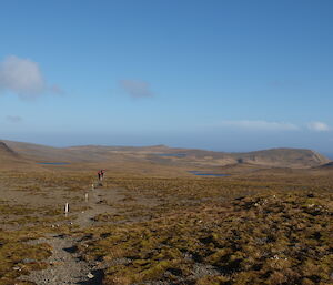 Two hikers in distance walking over grassy terrain