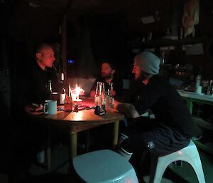 Three people in hut by candle light