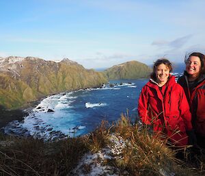Rangers Anna and Andrea with Carrick Bay and Petrel Peak in the background