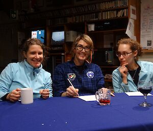 Three women in blue shirts at a table
