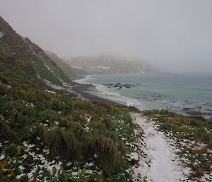 View to souith from Sandy Bay with mist and snow on track