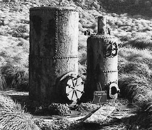 A photo of a digester and boiler, large metal chambers, in 1975.