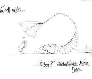 A cartoon sketch of Andrea Turbett looking at a giant Turbot.