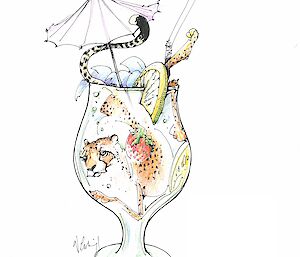 Cartoon of a cheetah in a cocktail glass.