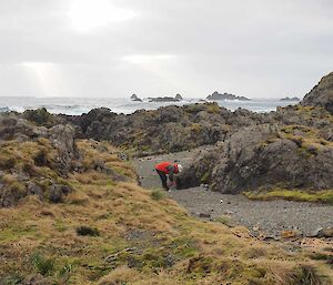 Rich in red jacket on rocky beach collecting debris