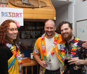 Photo of Louise, Duncan and Dan in Hawaiian costumes