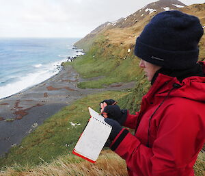 Ranger Anna in red jacket writing in a notepad with penguin chicks on the beach below