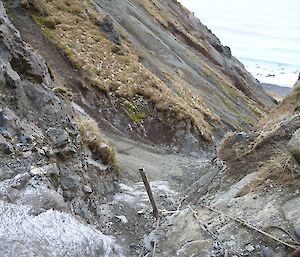 The water supply line looking down the gully from ladder five with dirt track to water