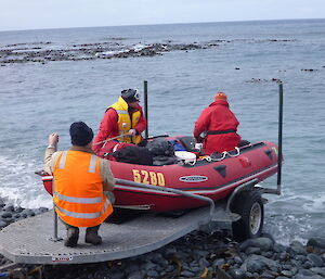 Red IRB on trailer being launched