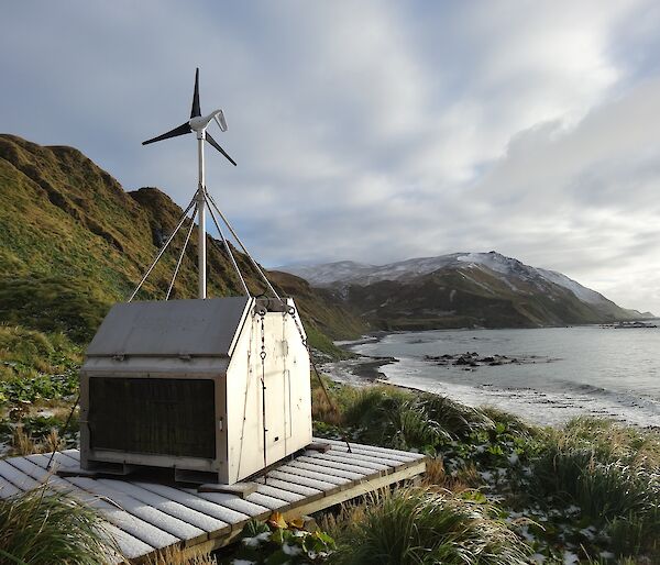 The RAPS at Brothers Point hut with a view to the north of the island in rear