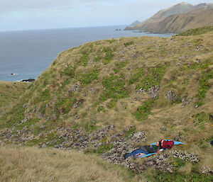 A fake patient for the exercise, Ranger Andrea laying in a gully bundled up in warm gear.