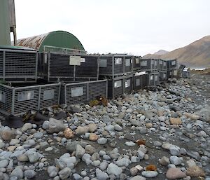 Rocks gather at the bottom of cage pallets