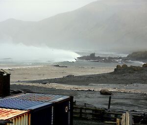 Plumes of spray whip off the waves on the east side of station