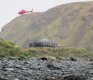 Helicopter approaches over the fuel farm