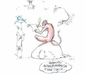 A cartoon of a devilish cartoonist drawing animals in human poses and activities