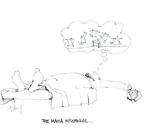 Cartoon of a sleeping expeditioner witha click in hand counting penguins jumping over a fence.
