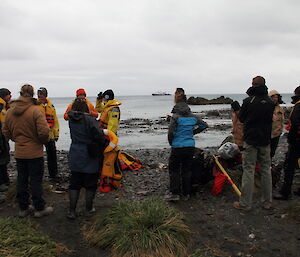 Expeditioners standing around on the beach