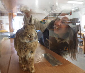 Andrea looking in the glass case at the rabbit