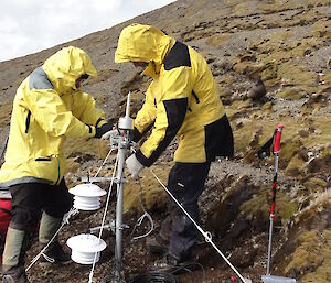 Two expeditioners in yellow coats with science equipment