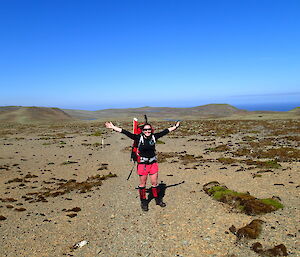 Jane in shorts on the plateau in the sunshine