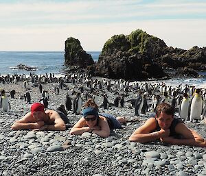 Expeditioners lying on the beach with penguins in the background
