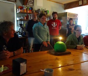 Expeditioners singing happy birthday to Anna