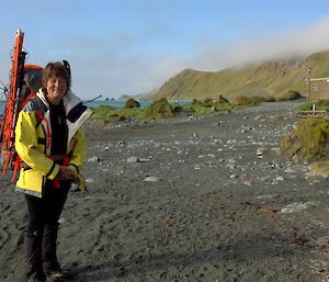 Karen z with yellow jacket and packs.