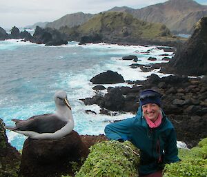 Kim with a grey-headed albatross at West Rock