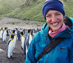 Kim with king penguins at Hurd Point