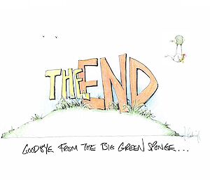 A cartoon of a grassy hill with giant words ‘The End’ sitting on it. A seal is flying in the background, being carried by a big weather balloon.