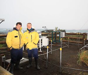 Two men stand outside. Behind them is a wooden fenced enclosure with a range of scientific instruments for monitoring atmosphere set up next to and behind them.