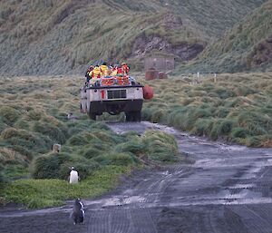 A LARC boat with wheels is heading down a dirt road towards Landing beach.