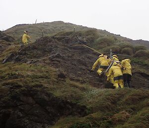 The base is strung up on a plank and carried between 4 people up the steep, muddy slope.