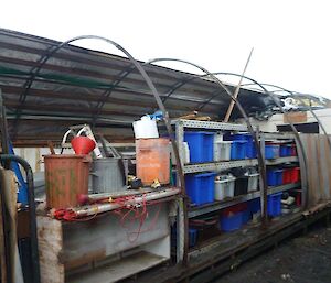 The exposed second side of the shed once the cladding and walls are off.