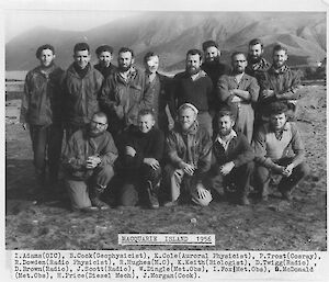 Group photo of 1956 ANARE with plateau ion background