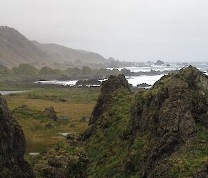A landscape shot of rock stacks along the coast