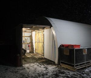 A night time shot of the new entrance to the hut