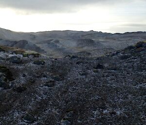 A frosty frozen path over Sodomy Ridge heading for the southwest corner of the island.