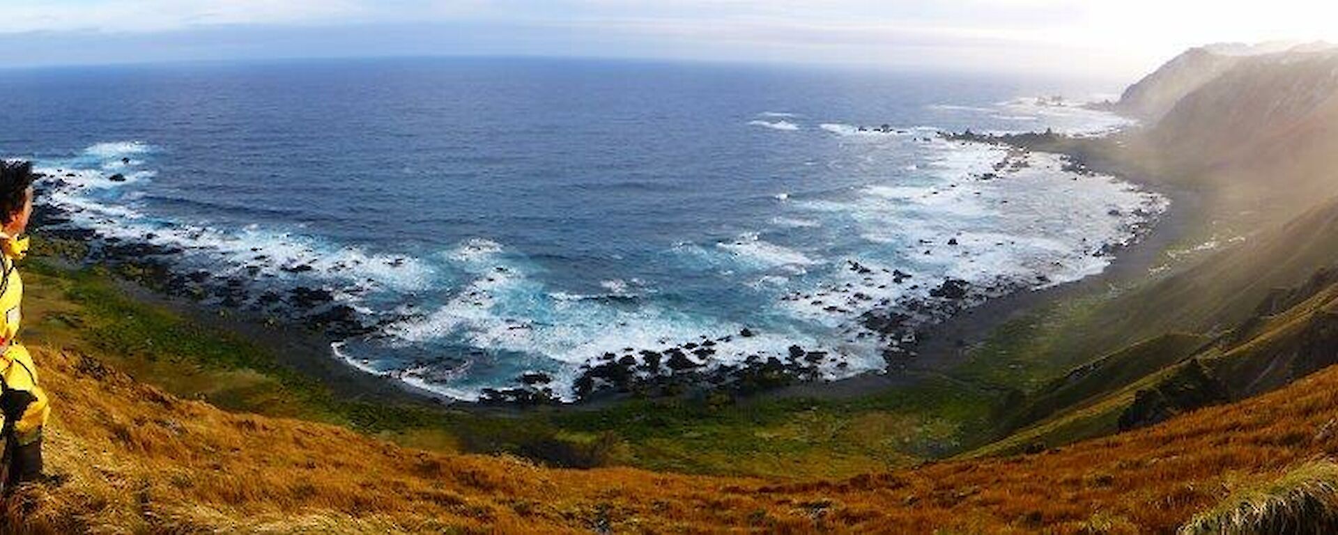 View of Sandell Bay from the edge of the escarpment (Davis Point hut is on the point at the right-hand-side of the picture)