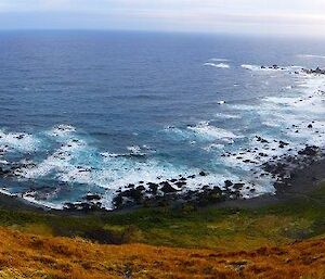 View of Sandell Bay from the edge of the escarpment (Davis Point hut is on the point at the right-hand-side of the picture)